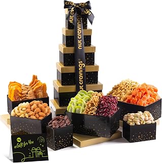 NUT CRAVINGS Halloween Dried Fruit & Nuts Gift Tower, Black, 12 Assortments | Black gift tower featuring dried fruit and mixed nuts with 12 assortments, kosher and perfect for holidays or business gifts.