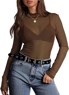 OFEEFAN Womens Long Sleeve Mesh Top See Through Mock Neck Sheer Blouses