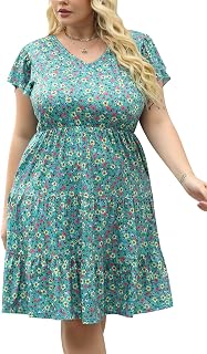Celkuser Women's Plus Size Ruffle Sleeve Tiered Casual Summer Loose Swing Midi Dress with Pockets