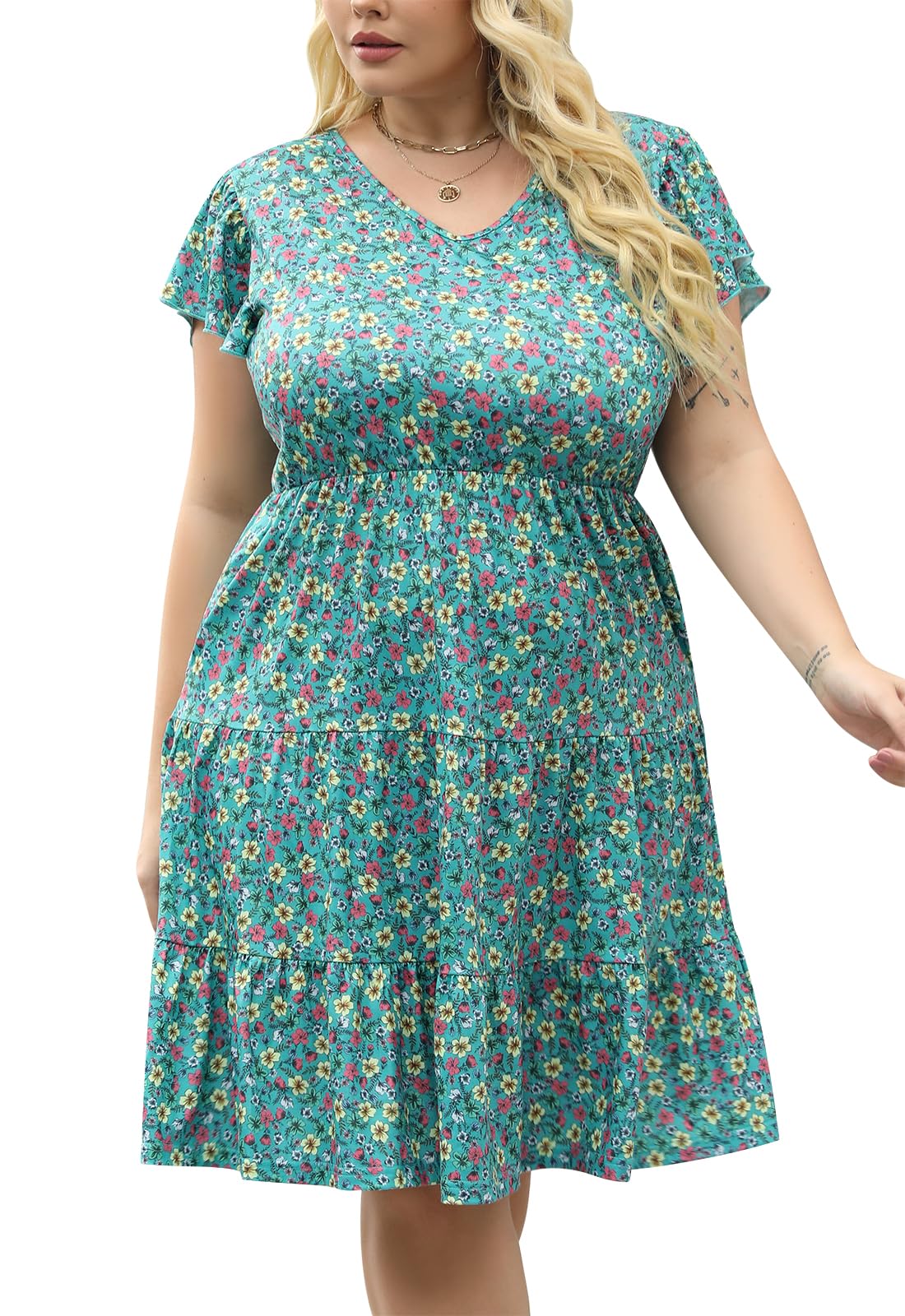 Celkuser Women's Plus Size Ruffle Sleeve Tiered Casual Summer Loose Swing Midi D