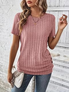 Womens Short Sleeve Round Neck Button Down T Shirts Solid Color Tops for Summer Casual