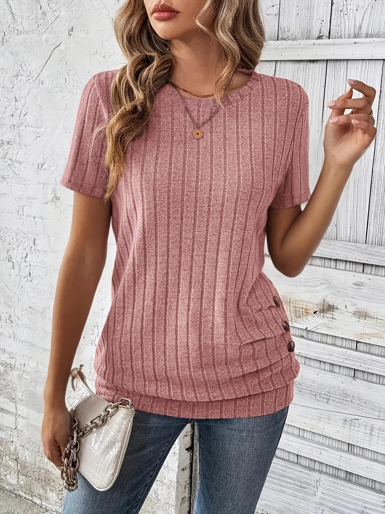 Womens Short Sleeve Round Neck Button Down T Shirts Solid Color Tops for Summer 