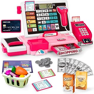 Toy Till Cash Register With Scanner for Kids, Cashier Shopping Till for Children–52 Pcs Kids Shop Toy With Music, Play Money, Pretend Food&Microphone, Educational Pretend Play Gifts For Kids Girls 3-8