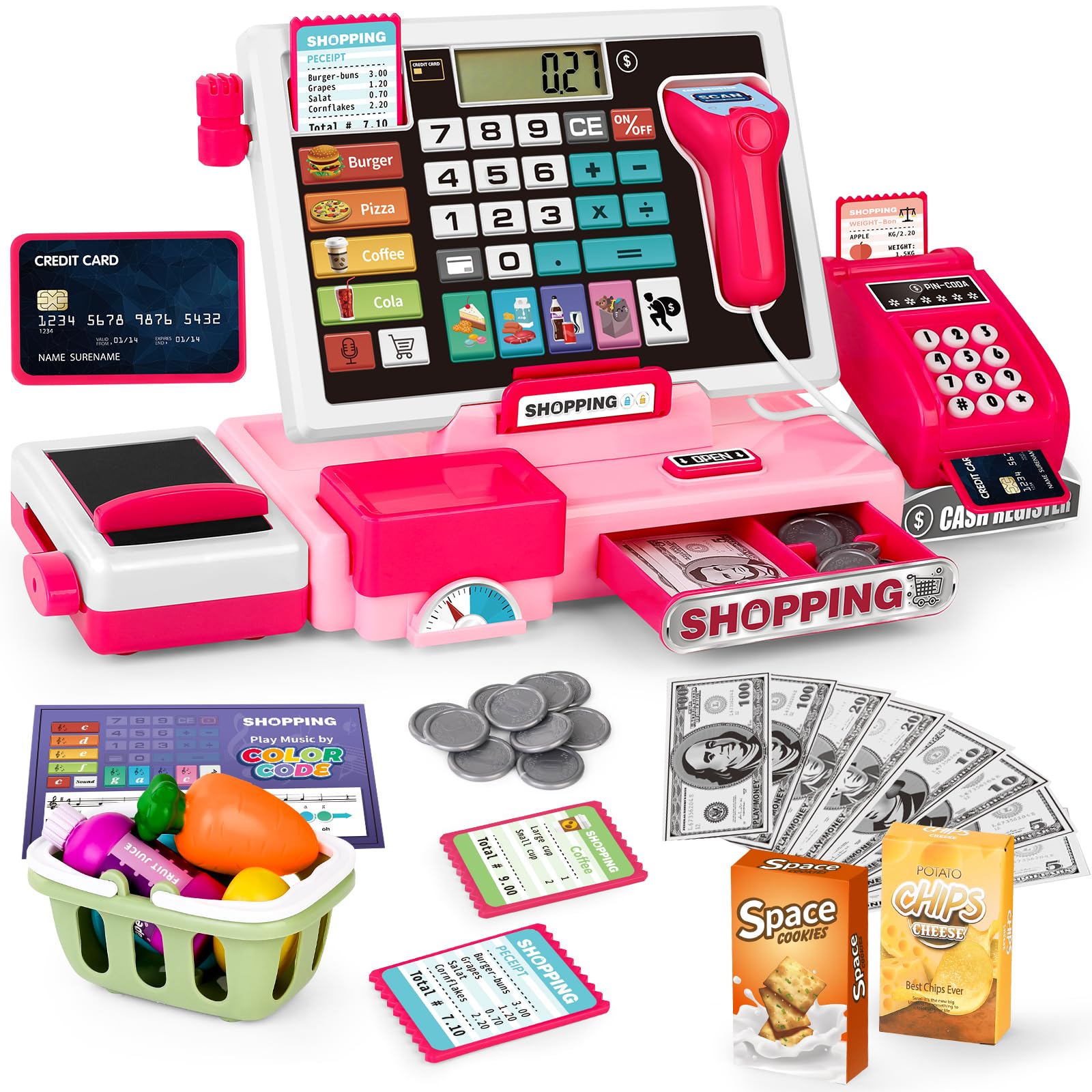 Toy Till Cash Register With Scanner for Kids, Cashier Shopping Till for Children