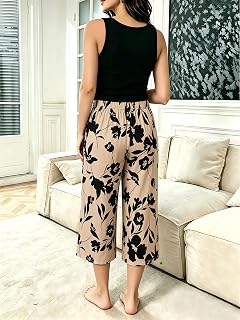 Womens 2 Piece Lounge Set Short Sleeve Round Neck and Floral Wide Leg Short Pants