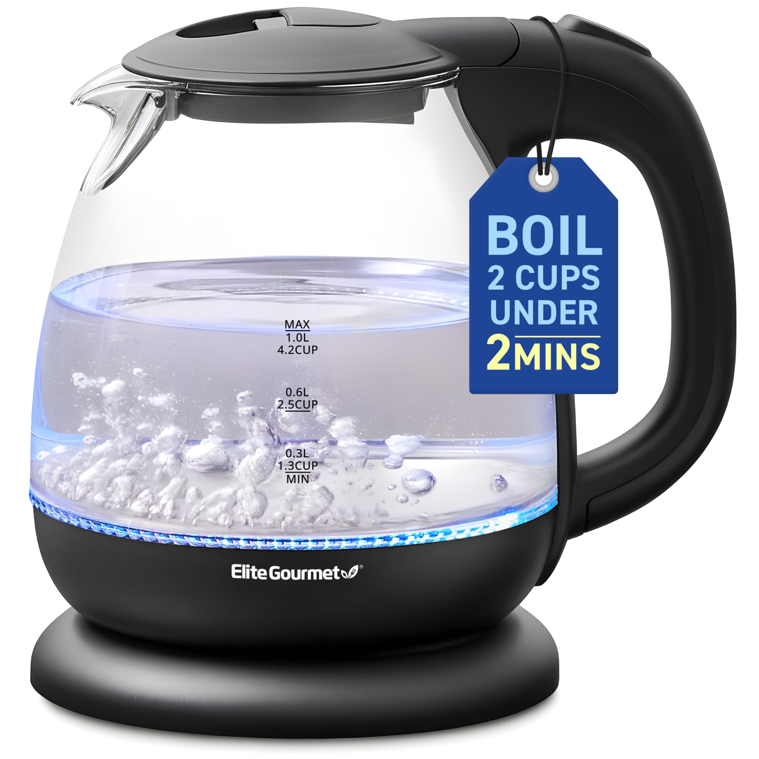 Elite Gourmet EKT1001 1.0L Glass Kettle, 1100W, Cordless Base, Black | BPA-Free 