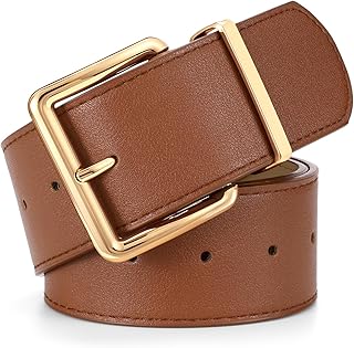 LEACOOLKEY Women Wide Leather Belt for Dresses Thick Chunky Belt with Big Gold Buckle Fashion Ladies Belt for Jeans