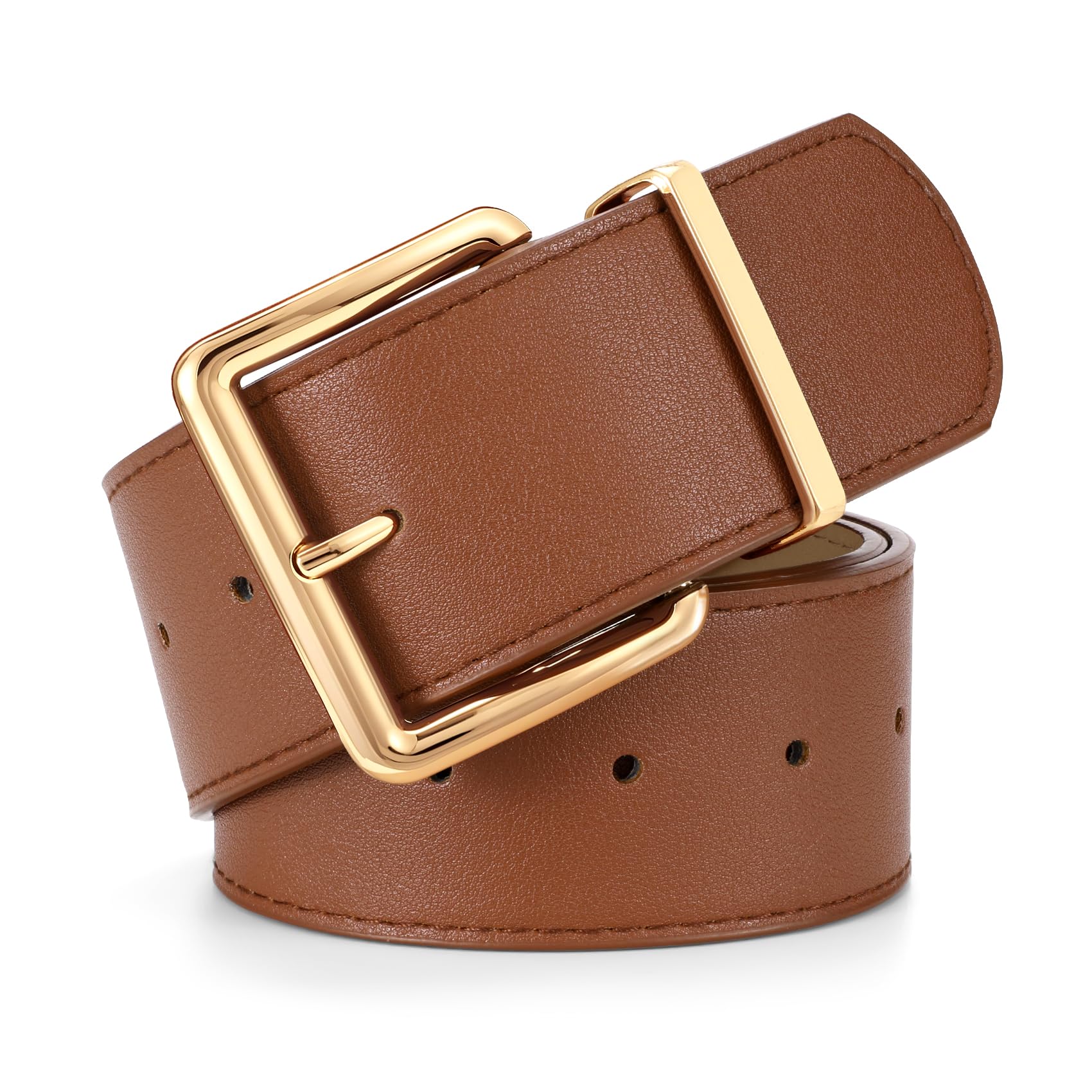 LEACOOLKEY Women Wide Leather Belt for Dresses Thick Chunky Belt with Big Gold B