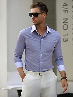 Men's Striped Button Down Shirt Casual Patchwork Long Sleeve Slim Fit