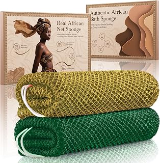 African Net Sponge Authentic 2 Pieces Gentle Exfoliating Body Scrubber Bath Sponges for All Skin Types, African Exfoliating Net Sponge with Handles Washcloth Loofah Bathing Accessories for Shower