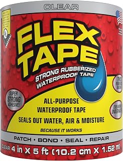 Flex Tape Strong Rubberized Waterproof Tape, Clear, 4 in x 5 ft, 1-Pack | Patch, bond, seal, repair, works underwater, strong adhesive, roof leaks, gutters, pipes, pools, boats, RV, UV resistant
