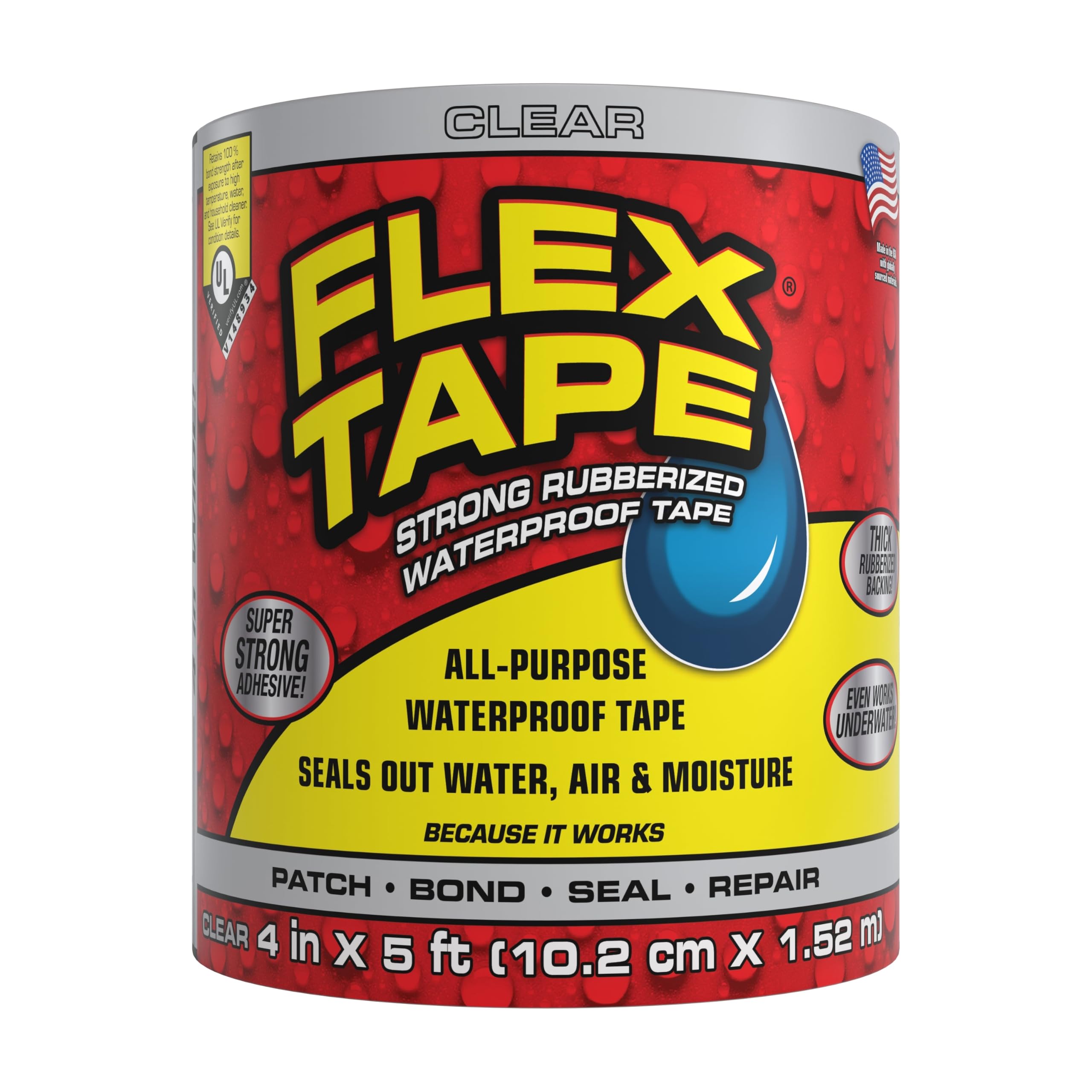 Flex Tape Strong Rubberized Waterproof Tape, Clear, 4 in x 5 ft, 1-Pack | Patch,