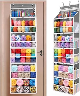 Hanging Yarn Storage Organizer with 5 Zipper Closure Compartments | Large Capacity Knitting Organizer Storage, Over the Door Hanging Knitting Yarn Holder for Crochet, Knitting Needles