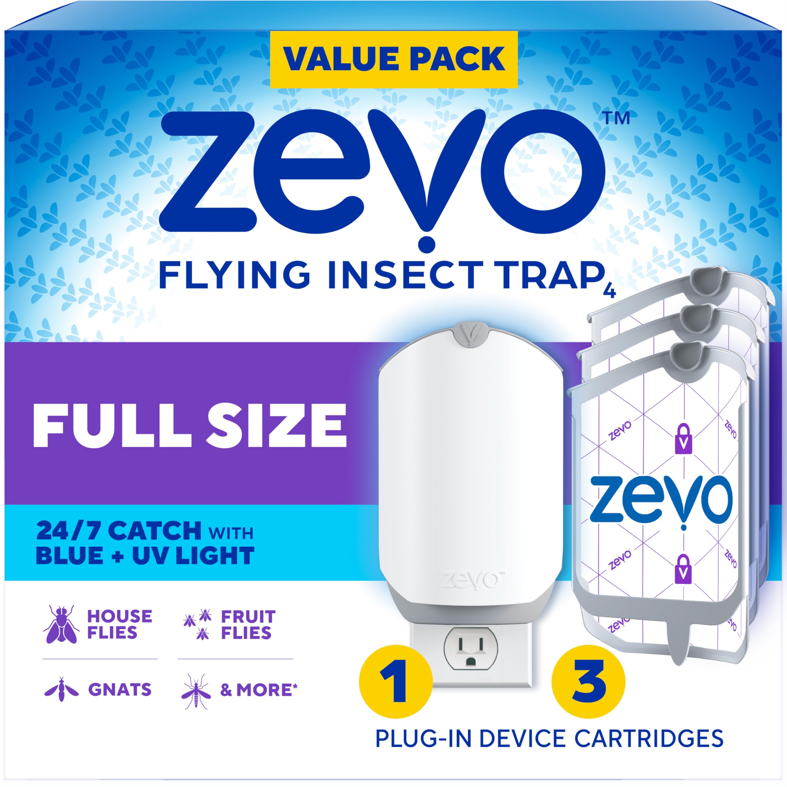 Zevo Flying Insect Trap for Fruit Flies & Gnats, 1 Plug-in Base & 3 Refills | Ca
