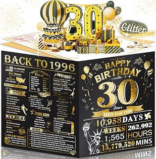 30th Birthday Card for Men Women, 3D Pop Up & Large 30th Birthday Gifts for Him Her, Back to 1996 Happy 30 Year Old Birthday Decorations for Son Daughter Granddaughter Grandson Nephew, Black Gold