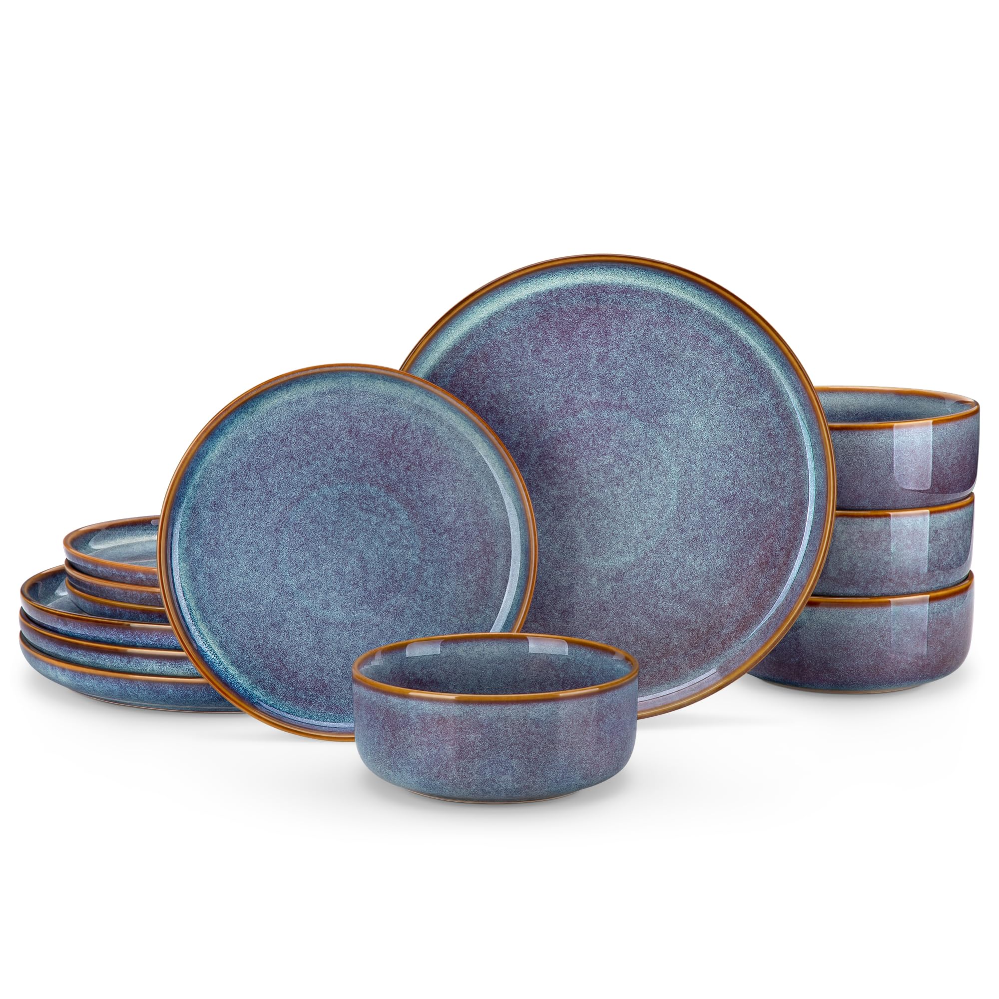 vancasso PLAYA Plates and Bowls Sets, 12 Pieces Grey-Blue Dinnerware Sets for Ki