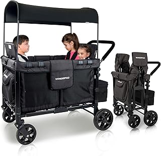 WonderFold W4 Original Stroller Wagon, 4 Seater, Black | Foldable Wagon with an Adjustable Canopy & Deep Carriage, All-Terrain Wheels & 5-Point Harnesses for Babies, Toddlers & Kids
