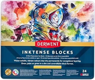 Derwent Inktense Blocks 24 Tin, Set of 24, 8mm Block, Soft Texture, Watersoluble, Ideal for Watercolour, Drawing, colouring, Crafts and Painting on Paper and Fabric, Professional Quality (2300443)