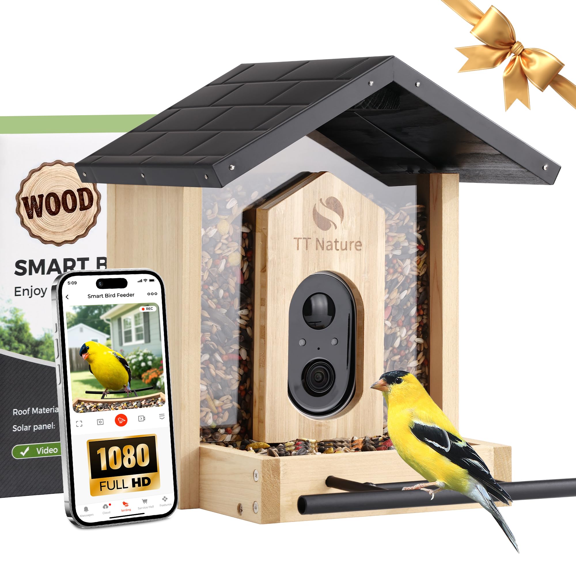 TT Nature Bird Feeder with Camera, Upgraded 1.5L Smart Birdhouse Al Identify for