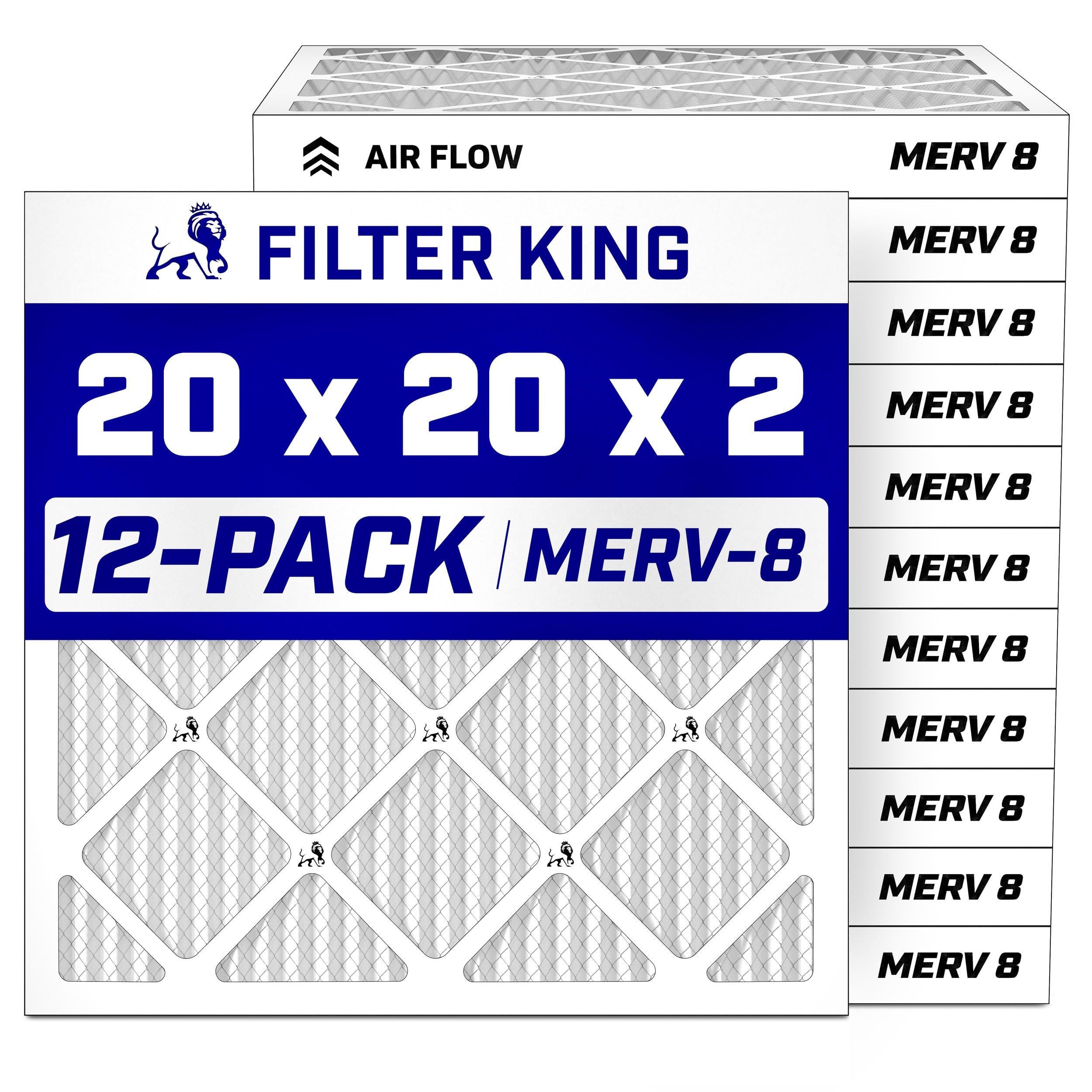 Filter King 20x20x2 Air Filter MERV 8, AC Furnace Filters (12-Pack) | Dust & All