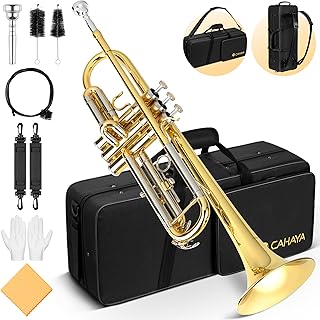 CAHAYA Bb Trumpet Instrument Brass Student Trumpet Trompeta Set Gold | Includes hard case, 7C mouthpiece & gloves. Standard brass trumpet instrument for beginner and advanced students.