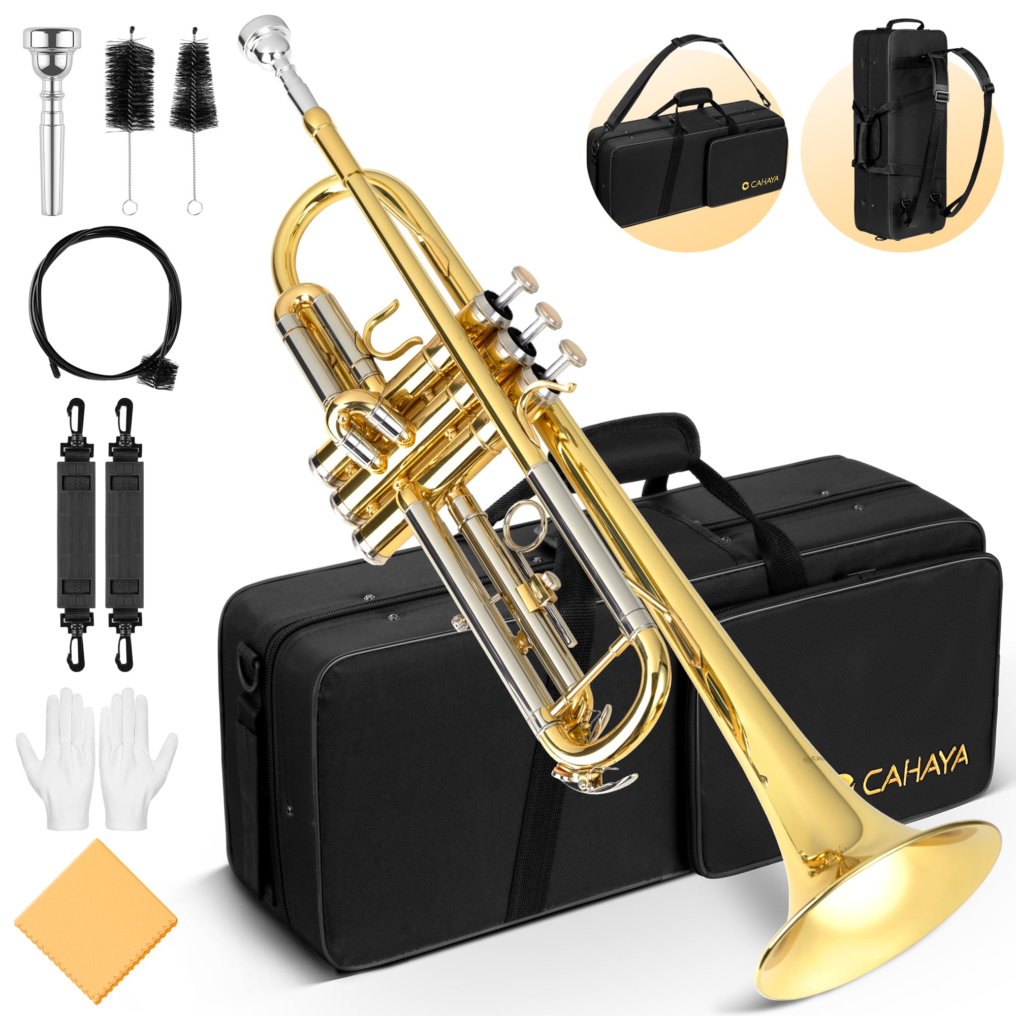 CAHAYA Bb Trumpet Instrument Brass Student Trumpet Trompeta Set Gold | Includes 
