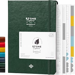 Stone Journal Explorer A5 Waterproof Paper Notebook, Green Vegan Leather Hardcover, 144 Pages with Alternate Ruled and Dotted Grid, Back Pocket, Weather Resistant