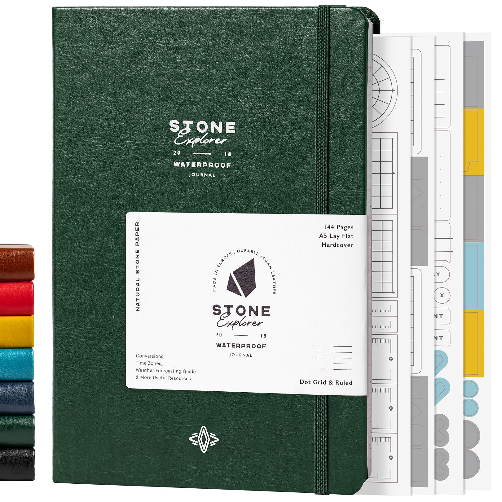 Stone Journal Explorer A5 Waterproof Paper Notebook, Green Vegan Leather Hardcov