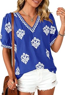 BTFBM T-Shirts d'été décontractés pour Femme, Vacances à la Plage, vêtements à Manches Courtes, Chemisiers, col en V, Tunique bohème