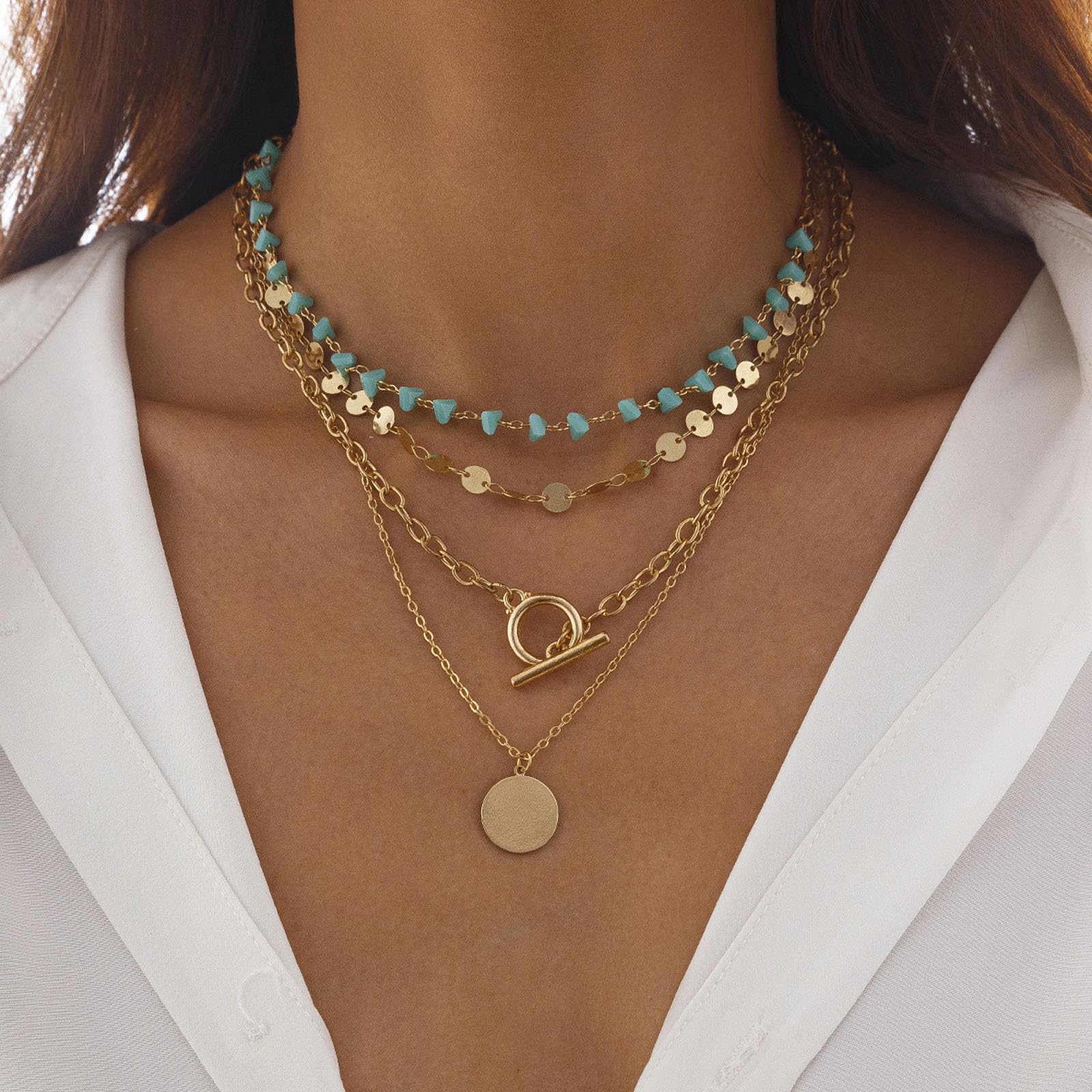 Western Turquoise Layered Necklace with Cowhat Charm for Women