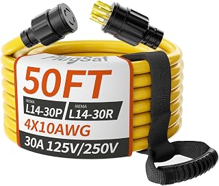PlugSaf 50FT 30 Amp Generator Cord 4 Prong, 10AWG 125/250V 3750/7500W STW | NEMA L14-30P/L14-30R Twist Lock Generator Extension Cord 50 Foot, Heavy Duty 30 Amp Generator Cord Durable, Yellow ETL Listed