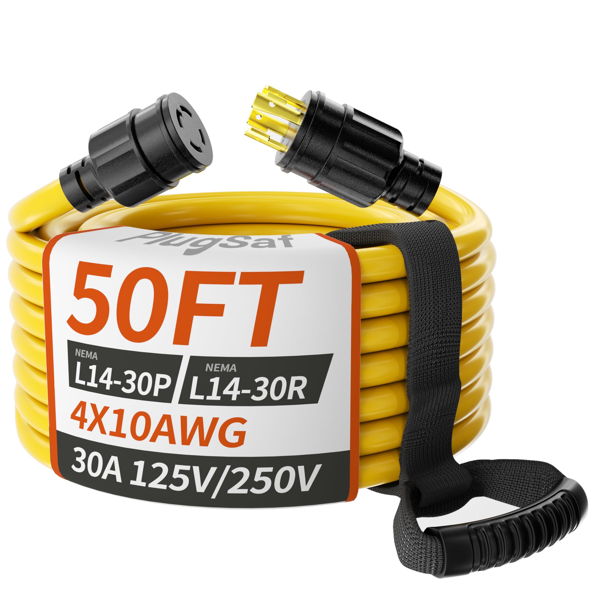 PlugSaf 50FT 30 Amp Generator Cord 4 Prong, 10AWG 125/250V 3750/7500W STW | NEMA