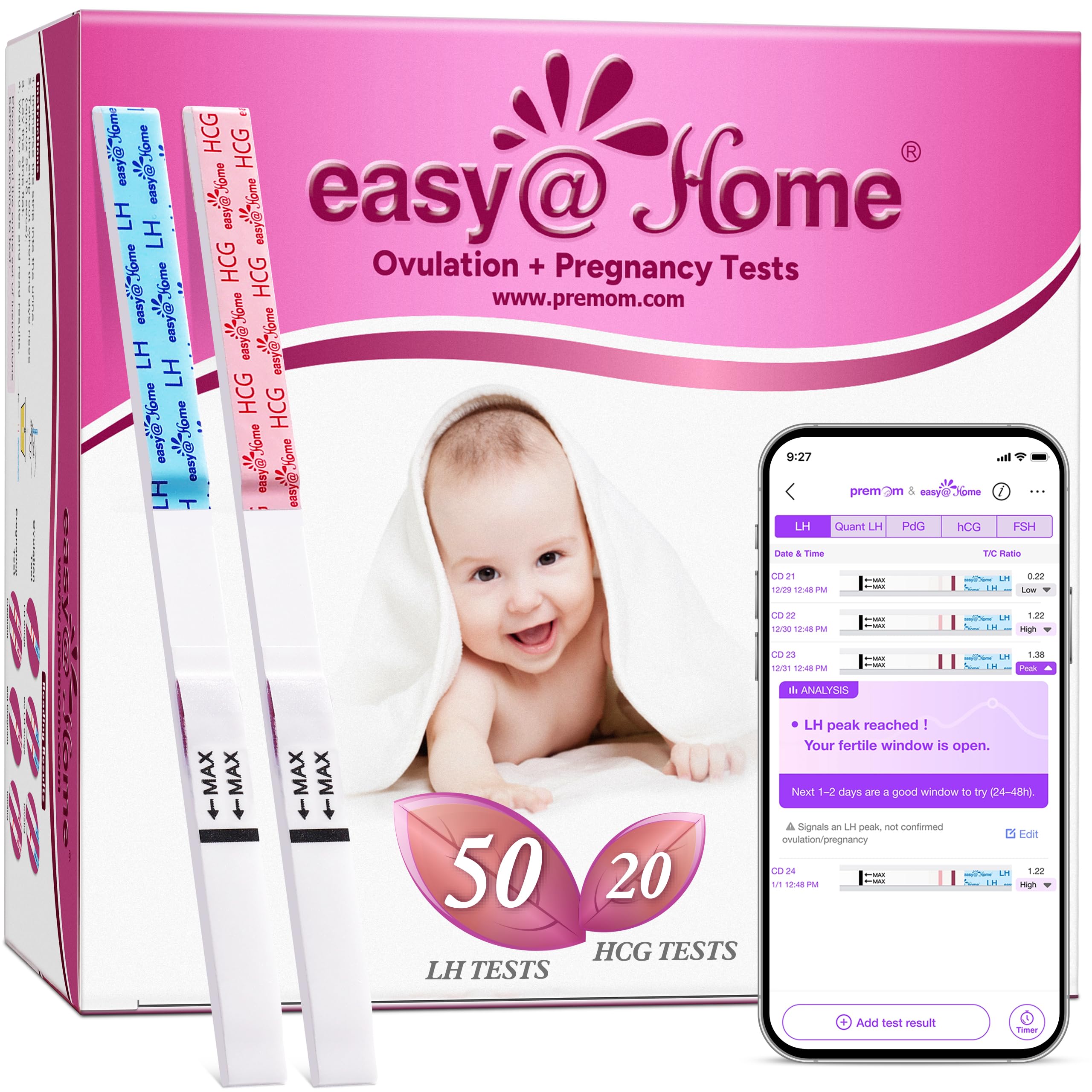 easy@Home 50 Ovulation Test Strips and 20 Pregnancy Test Strips Combo Kit | Powe