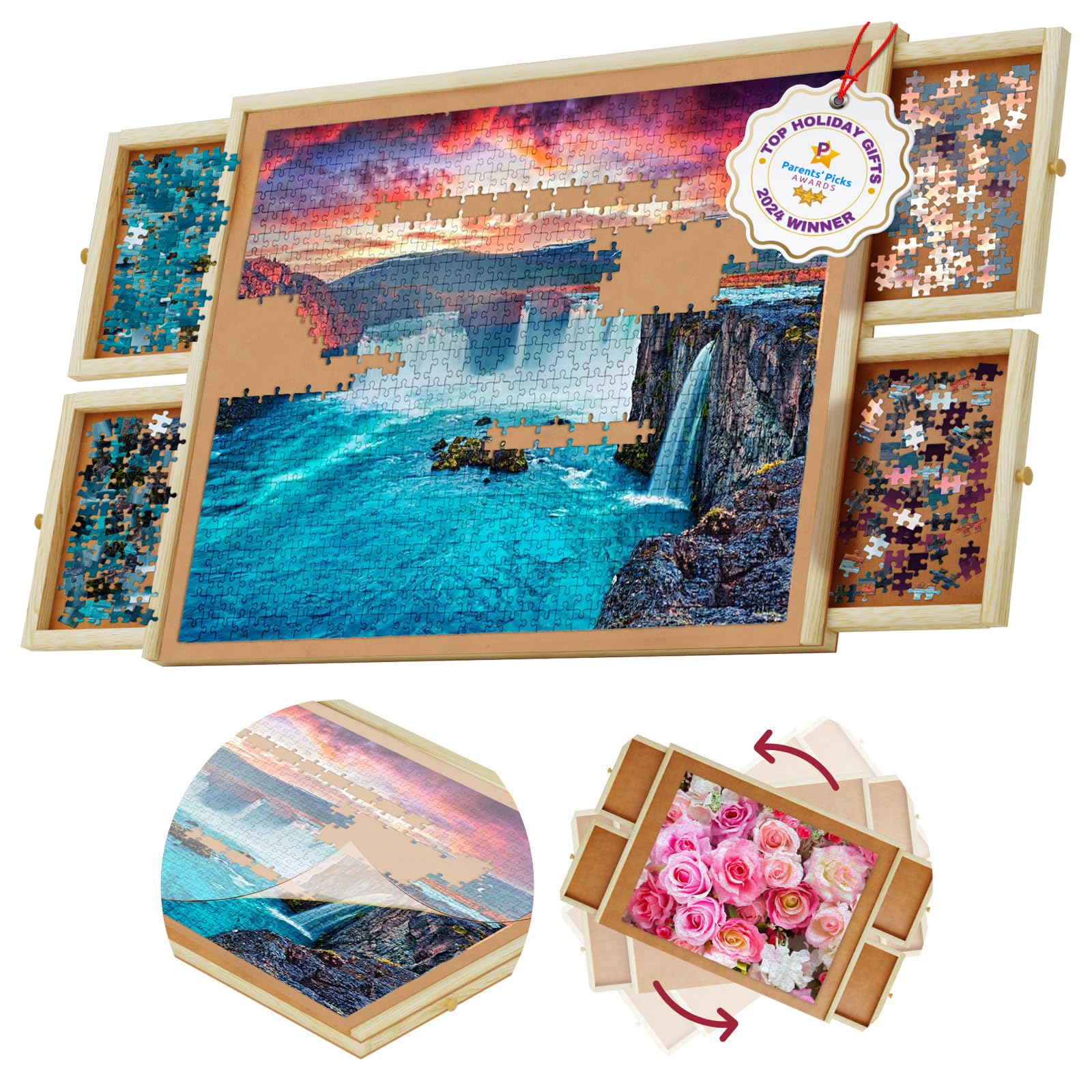Rotating 1000 Piece Wooden Puzzle Board | 30" x 22" Puzzle Table | 4 Drawers, Pr