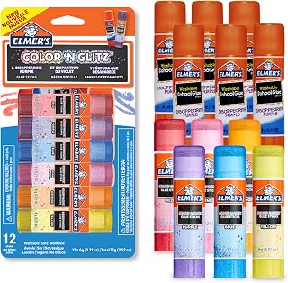 Elmer’s Color 'n Glitz Glue Sticks, Washable, Assorted Colors, Includes Disappearing Purple, 6 Grams 12 Count - Stocking Stuffer, Vision Board, #1 Teacher Brand