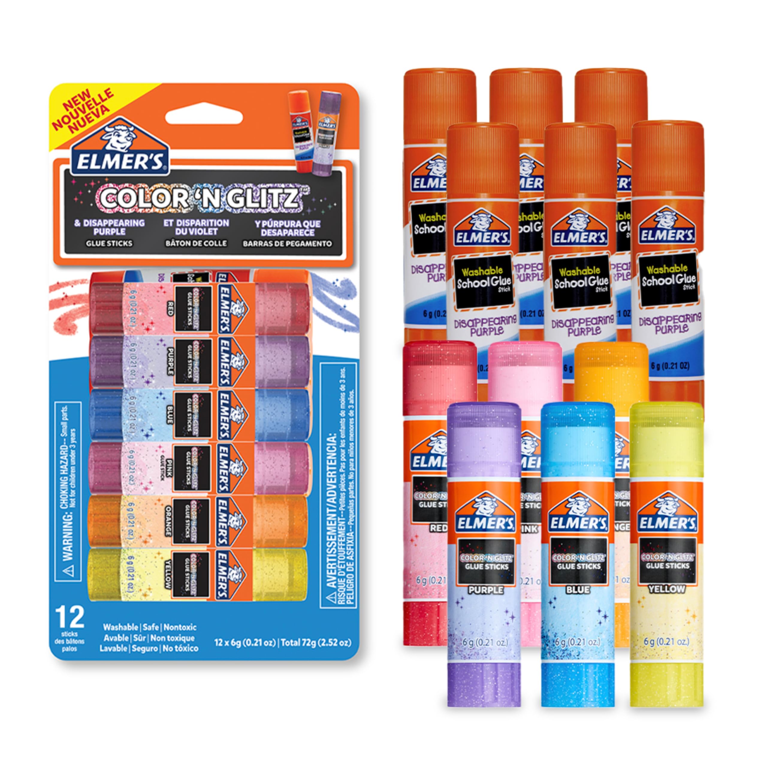 Elmer’s Color 'n Glitz Glue Sticks, Washable, Assorted Colors, Includes Disappea