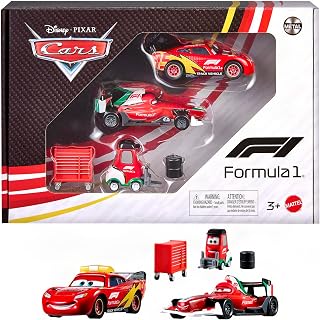 Mattel Disney and Pixar Cars x Formula 1 3-Pack Vehicle Set | Lightning McQueen, Francesco Bernoulli & Alex Machino with tire stack and tool cart accessories, JTJ08