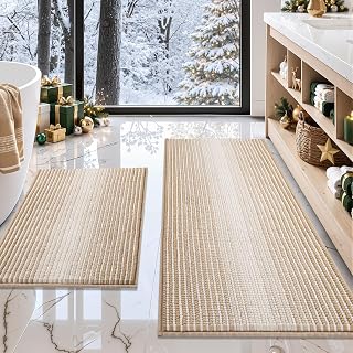 BSICPRO Bathroom Rugs Sets 2 Piece, Non Slip Boho Bath Mats, Beige | 20"x47" Plus 16"x24", Soft Absorbent Striped Chenille, Quick Dry Machine Washable, Shower Rug for Bathroom Bedroom Décor