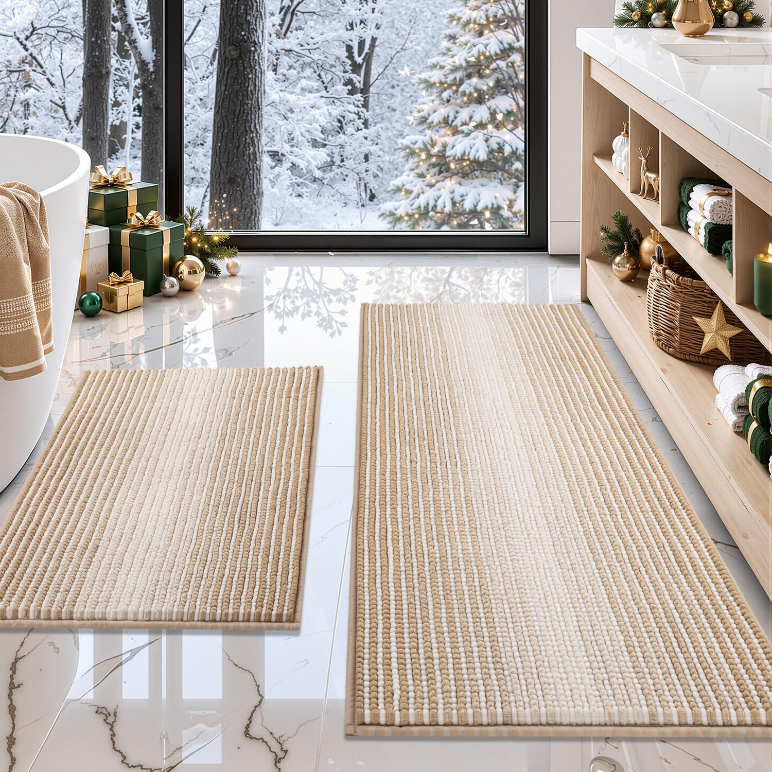 BSICPRO Bathroom Rugs Sets 2 Piece, Non Slip Boho Bath Mats, Beige | 20"x47" Plu