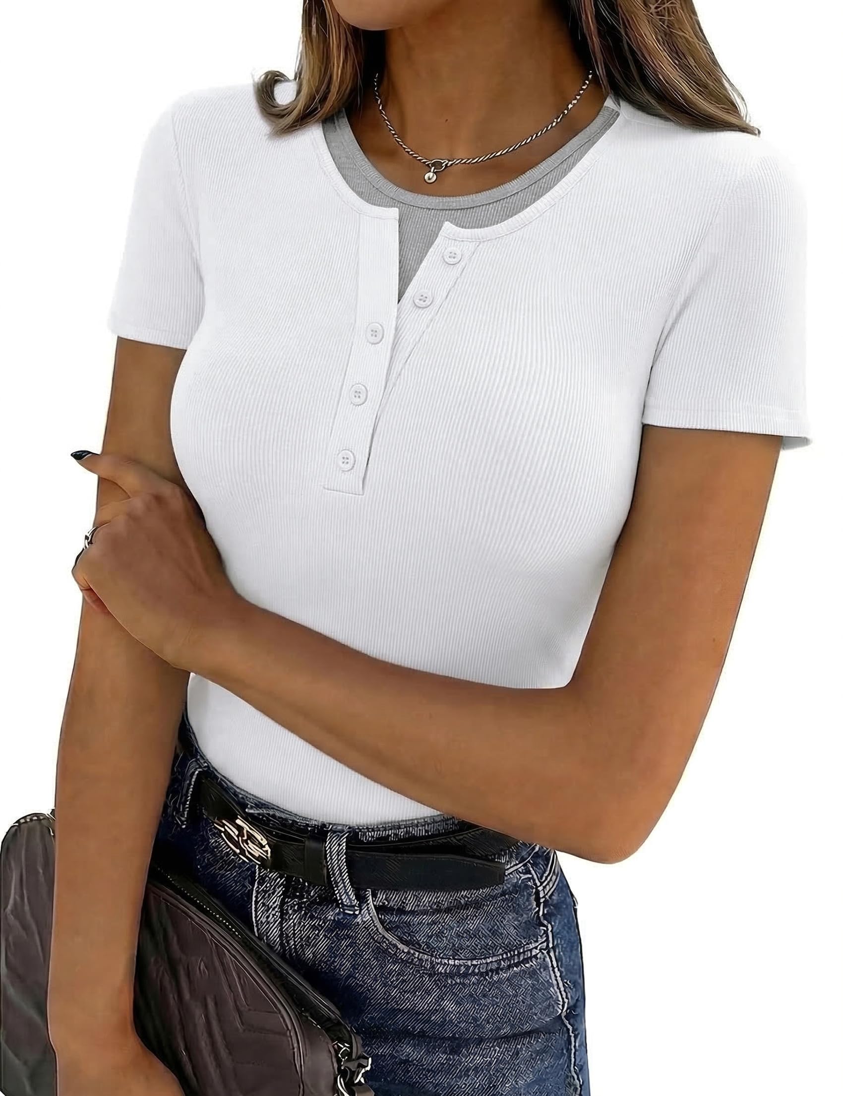T Shirt Women's Decorative Buttons Round Neck Short Sleeve Casual Summer T-Shirt