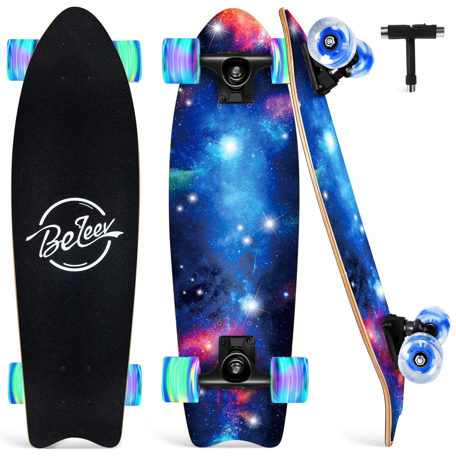 BELEEV Cruiser Skateboards for Beginners, 27 x 8 inch Complete Skateboard for Ki
