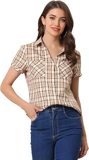 Allegra K Women's Plaid Shirt Cotton Short Sleeve Button Down Western Shirt