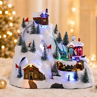 Animated Christmas Village Ski Slope with Moving Train, Skaters | Musical Lighted Christmas Village Sets with Sliding Skier,Snow Mountain,Collectible Buildings for Indoor Holiday Diplay,Gifts