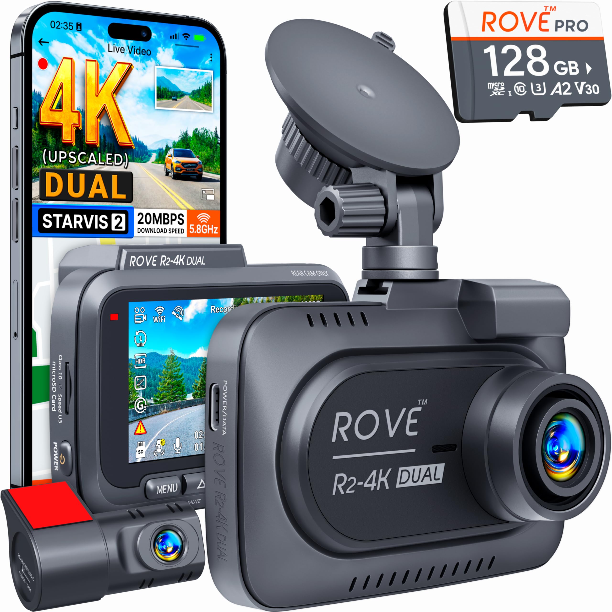 ROVE R2-4K Dual Dash Cam Front and Rear, STARVIS 2 Sensor, Free 128GB Card | 4K 