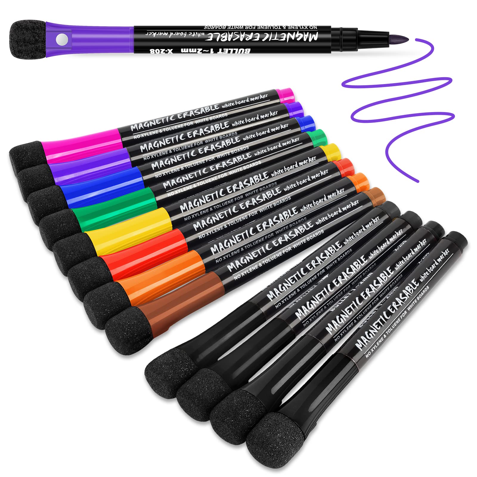 Magnetic Dry Erase Markers Fine, White Board Markers with Eraser Cap, Low Odor W