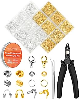 FIVEIZERO 1950 Pcs Jewelry Making Cord End Kit,Crimp Tube Beads with Organizer Box,Includes Crimp Beads, Cover, Lobster Clasp,Jump Ring,Wire Guardians,Crimping Pliers & Beading Wire for Bracelets