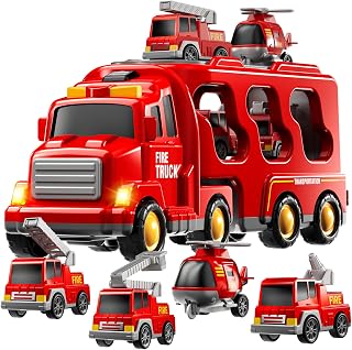 KIZONLY Fire Truck Toys for kid 3-5, 5-in-1 Fire Car Carrier | Vehicle Set for Boys Girls 3 4 5 6 Years Old, Transport Car with Light Sound, Birthdays Gifts for Kids Girls Aged 3-9