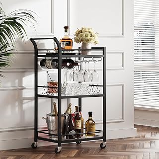 TUTOTAK Bar Cart, Home Bar Serving Cart with 3-Tier Mirrored Shelf, Wine Cart, Drink Cart, Mobile Kitchen Shelf, Black BC01BK034CA