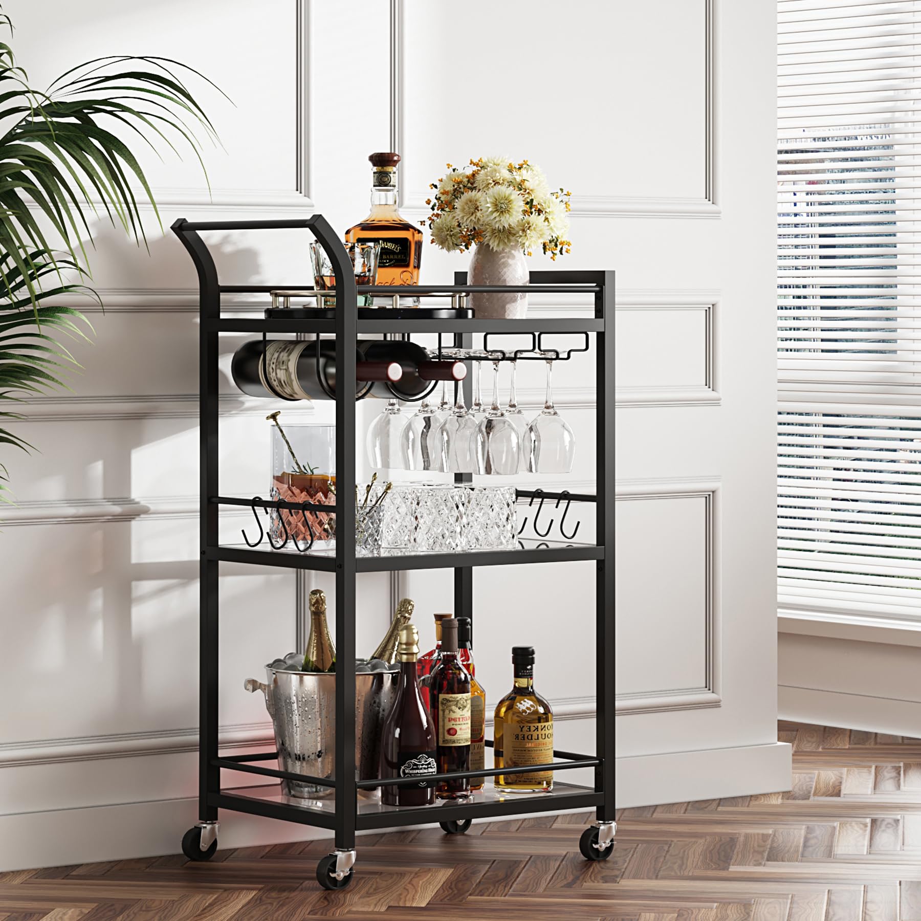 TUTOTAK Bar Cart, Home Bar Serving Cart with 3-Tier Mirrored Shelf, Wine Cart, D