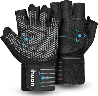 ihuan Ventilated Weight Lifting Gym Workout Gloves with Wrist Wrap Support for Men & Women, Full Palm Protection, for Weightlifting, Training, Fitness, Hanging